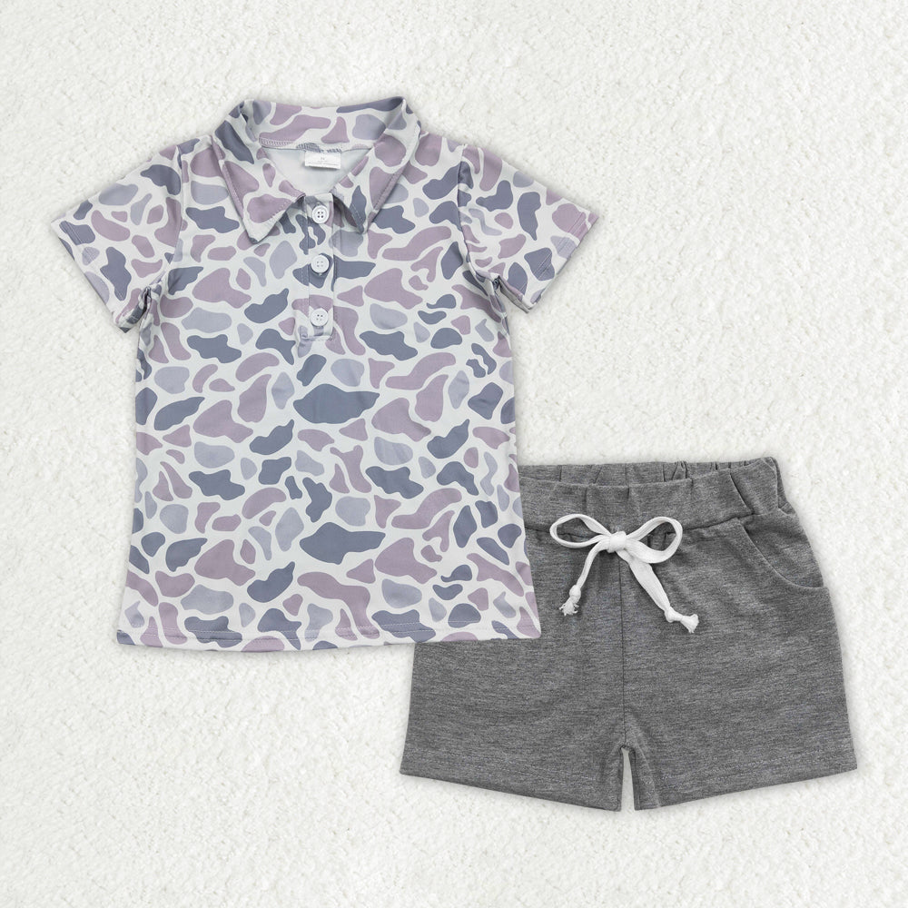 preorder BSSO1385 Grey Blue Camouflage Polo short sleeve top grey shorts sets Boys boutique outfit 202502
