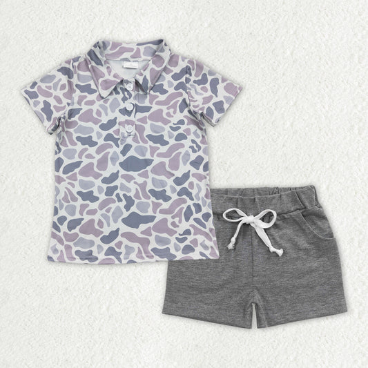 preorder BSSO1385 Grey Blue Camouflage Polo short sleeve top grey shorts sets Boys boutique outfit 202502