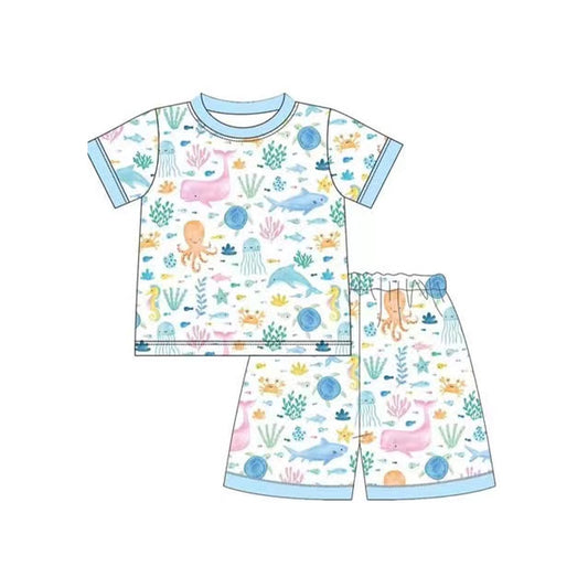 preorder BSSO1391 Blue Marine animal Short Sleeve top shorts pajamas sets boys boutique outfit 202502
