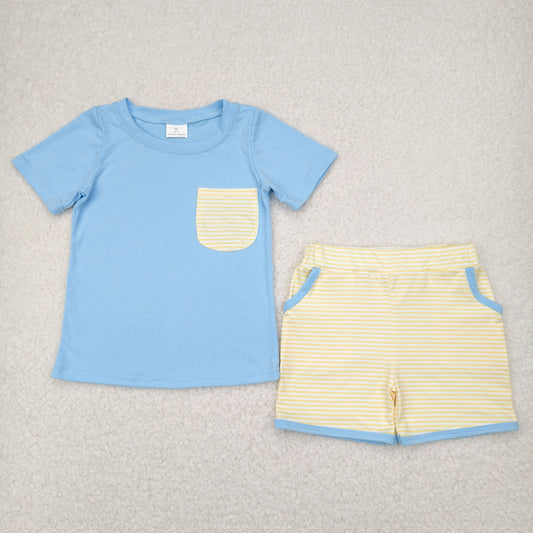 BSSO1393 Blue Yellow Striped Pocket Short Sleeve top shorts sets boys boutique outfit 202504 RTS
