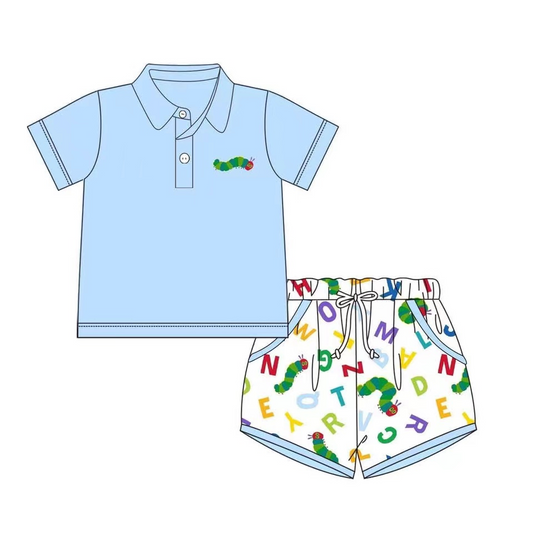 preorder BSSO1396 Blue Caterpillar alphabet Short Sleeve top shorts sets boys boutique outfit 202502