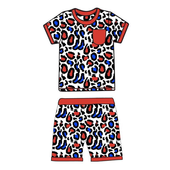 preorder BSSO1402 4th of July USA Red Blue Leopard Short Sleeve Top Shorts pajamas set Boys boutique outfit 202503