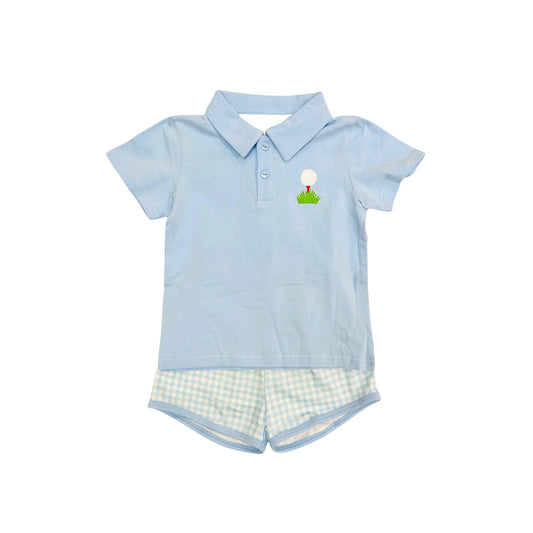 preorder BSSO1409 Golf ball Blue Polo Short Sleeve Top Green Plaid Shorts set Boys boutique outfit 202503