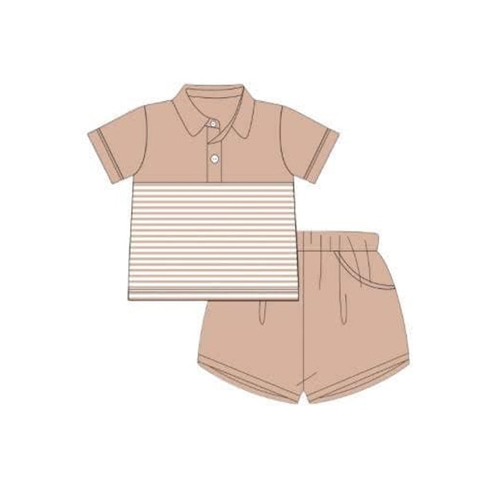 preorder BSSO1413 Brown Yellow Striped button Polo short sleeve Top shorts set boys boutique outfit 202503