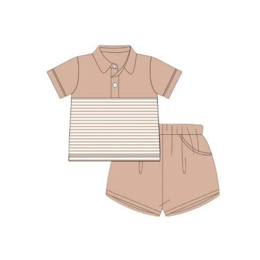 preorder BSSO1413 Brown Yellow Striped button Polo short sleeve Top shorts set boys boutique outfit 202503