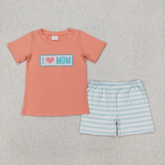 BSSO1435 I Love Mom Embroidered Orange Letter Short Sleeve Top Green Striped Shorts Sets Boys Boutique Outfit 202504 RTS