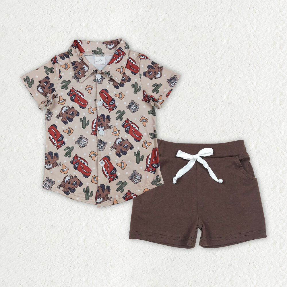 BSSO1436 Cartoon Cars Brown Polo Button Short sleeve Top Shorts Boys boutique sets 202503 RTS