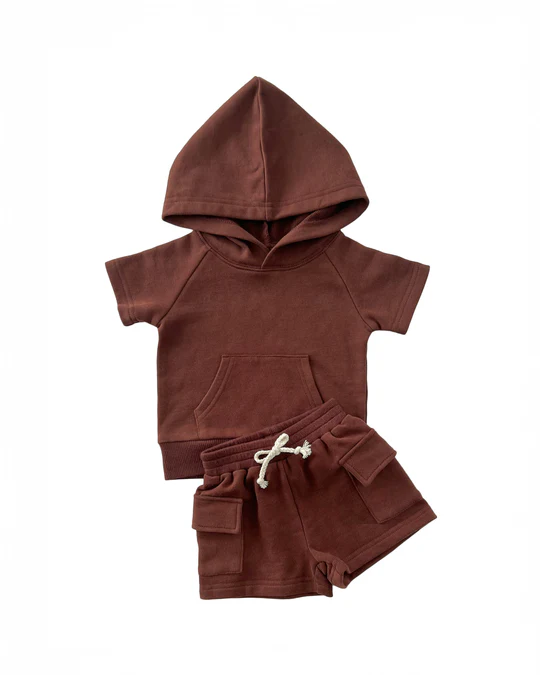 preorder BSSO1437 Brown Pocket Hoodie Short Sleeve Top Shorts Sets Boys Boutique Outfit 202503
