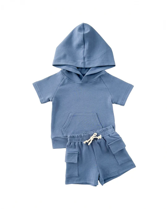 preorder BSSO1438 Haze Blue Pocket Hoodie Short Sleeve Top Shorts Sets Boys Boutique Outfit 202503