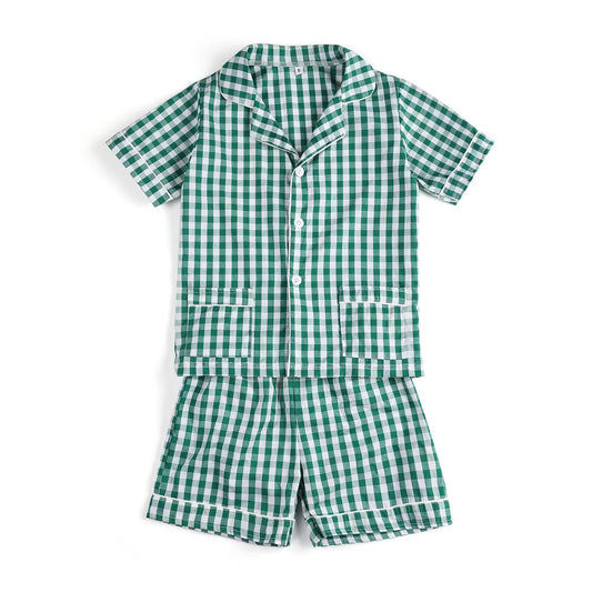 preorder BSSO1447 Green Plaid Button Short Sleeve Shorts Pajamas Sets Boys Boutique Outfits 20250104