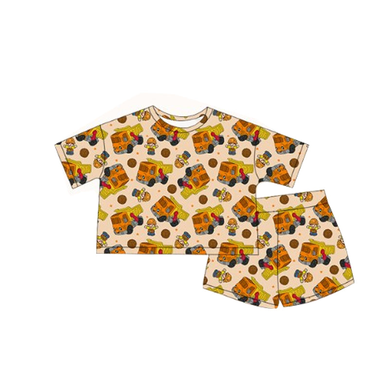 preorder BSSO1453  Truck Orange Brown Short Sleeve Top Shorts Sets Boys Boutique Outfits 202503