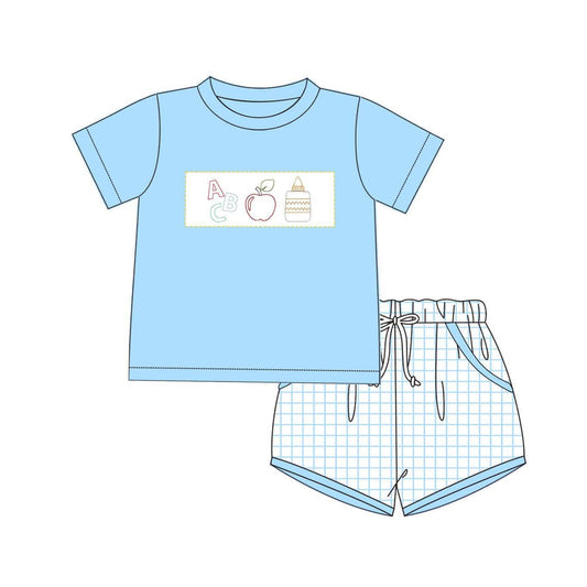 preorder BSSO1463 back to school blue short sleeve top plaid shorts sets Boys Boutique Outfit 202503