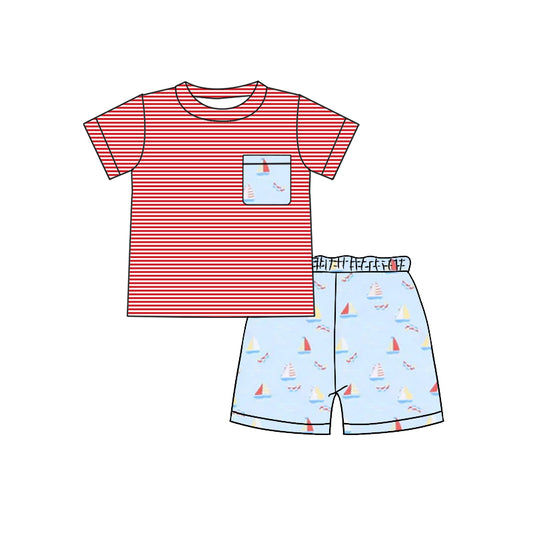 preorder BSSO1465 red blue striped sailboat pocket short sleeve top shorts set boys boutique outfit 202503