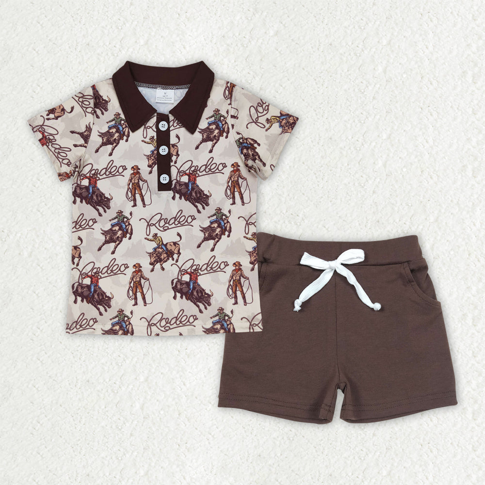 BSSO1467 Brown Horse Rodeo Polo Short Sleeve Top Brown Shorts Sets Boutique Boys Outfits 202503 RTS