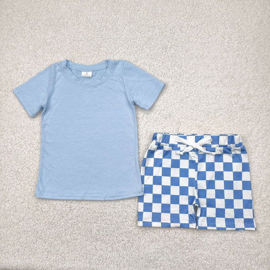BSSO1469 pure blue short sleeve plaid shorts set boys boutique outfit 202504 RTS