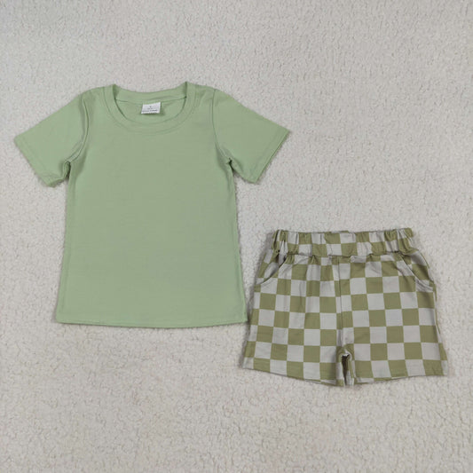 BSSO1470 pure green short sleeve top plaid shorts set boys boutique outfit 202505 RTS