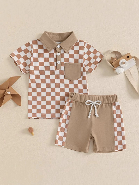 preorder BSSO1471 beige brown plaid polo short sleeve top shorts set boys boutique outfit 202503