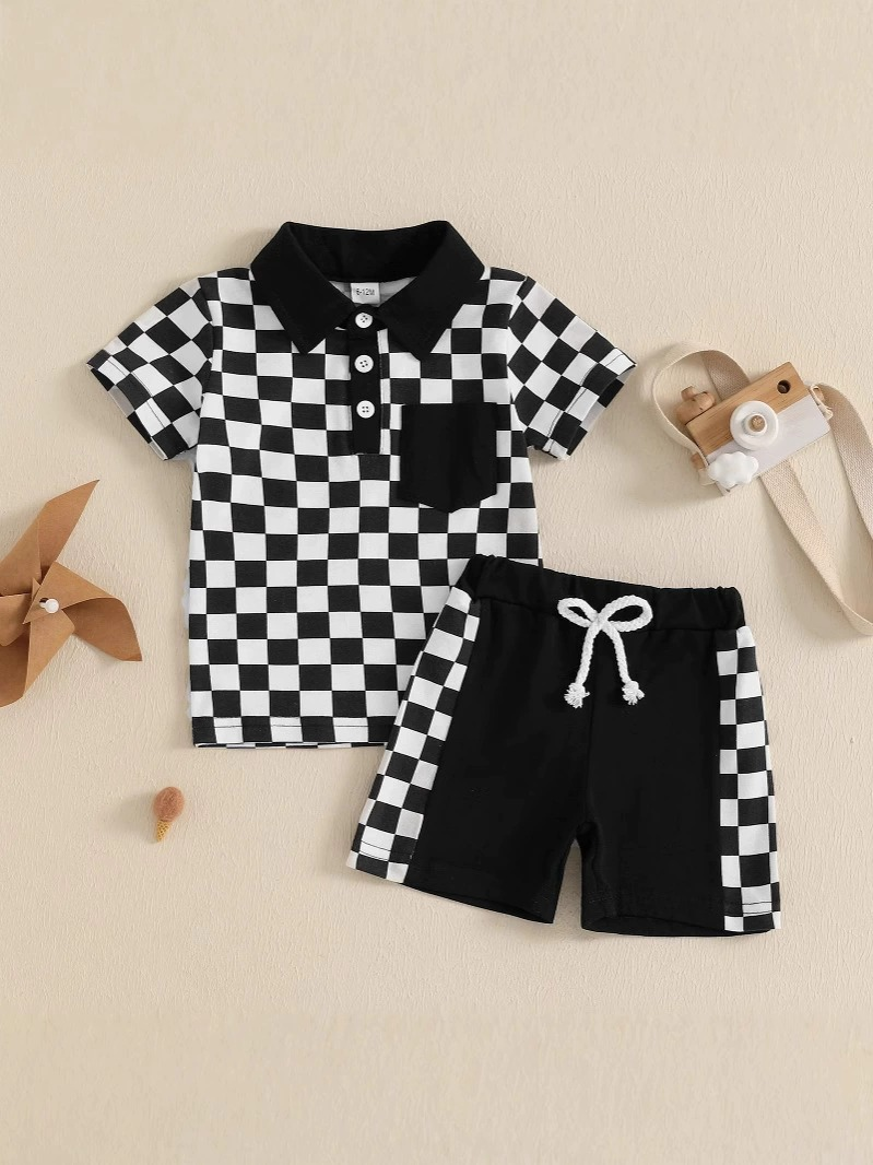 preorder BSSO1473 black white plaid polo short sleeve top shorts set boys boutique outfit 202503