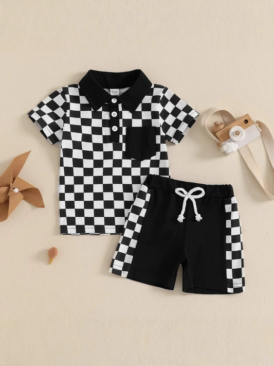 preorder BSSO1473 black white plaid polo short sleeve top shorts set boys boutique outfit 202503