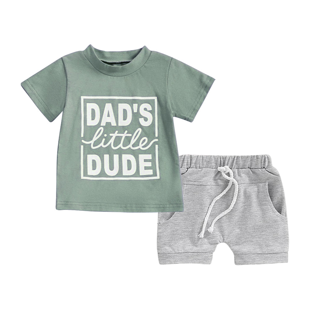 preorder BSSO1477 Dad's Little Dude Green Short Sleeve Top Grey Shorts Sets Boys Boutique Outfits 202503