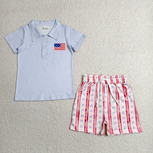 BSSO1480 4th of July Flag Star Striped Blue Red Polo Short Sleeve Top Shorts Boys Sets 202606 RTS