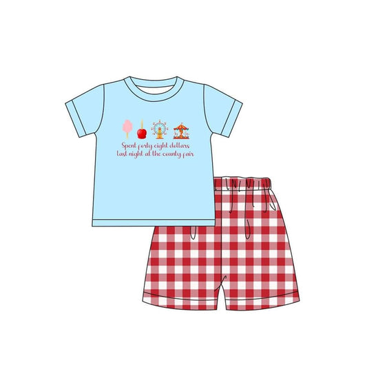 preorder BSSO1482 Letter Ferris wheel Blue Short Sleeve Top Red Plaid Shorts Sets Boys Boutique Outfits 202504