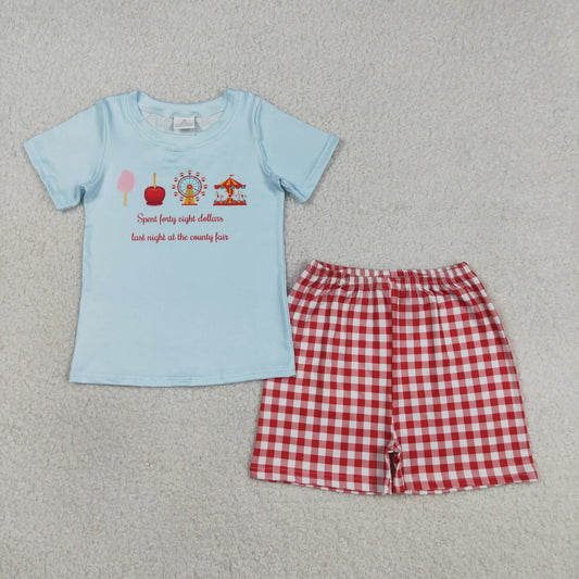 BSSO1482 Letter Ferris wheel Blue Short Sleeve Top Red Plaid Shorts Boys Sets 202603 RTS