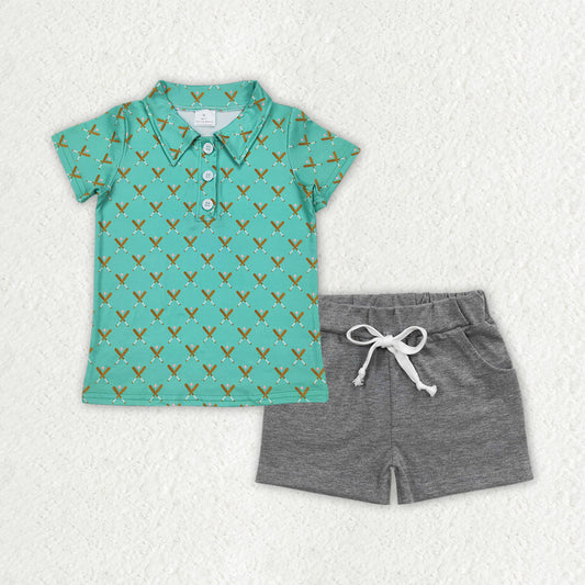 BSSO1484 Baseball Printed Green Polo Short Sleeve Top Grey Shorts Sets Boys Boutique Outfits 202504 RTS