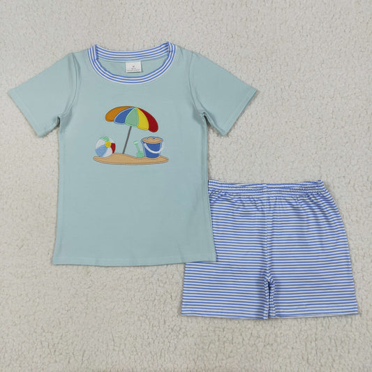 BSSO1485 Embroidered Beach  Sun Umbrella White Short Sleeve Top Blue Shorts Sets Boys Boutique Outfits 202506 RTS