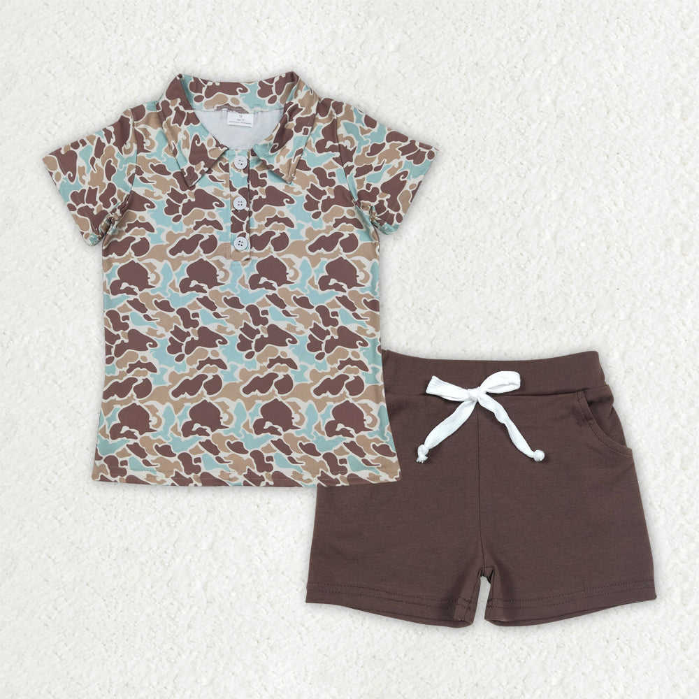 BSSO1486 Brown Green Camo Polo Short Sleeve Top Shorts Sets Boys Boutique Outfits 202504 RTS