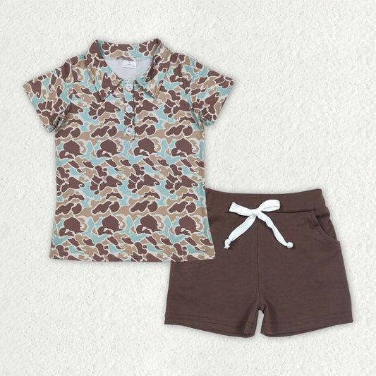 BSSO1486 Brown Green Camo Polo Short Sleeve Top Shorts Sets Boys Boutique Outfits 202504 RTS