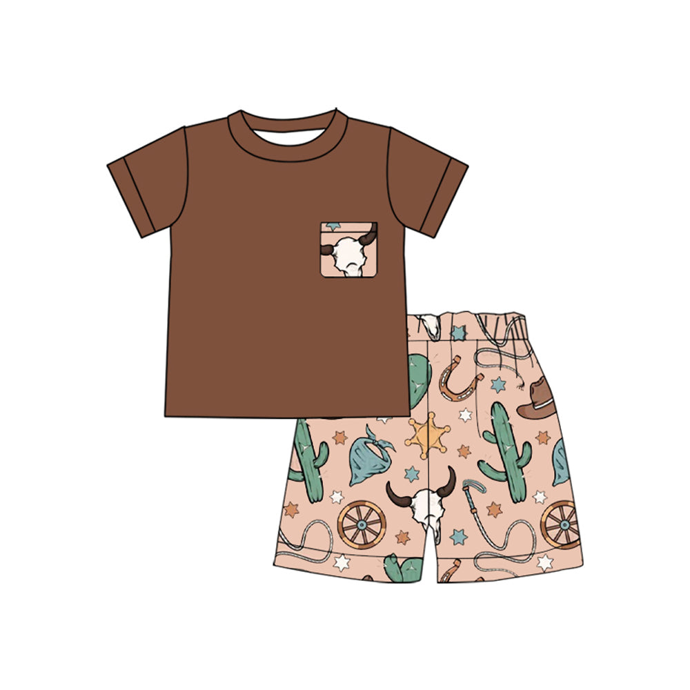 preorder BSSO1487 Rodeo Outfits Cactus Cows Brown Short Sleeve Top Shorts Sets Boys Boutique Outfits 202504