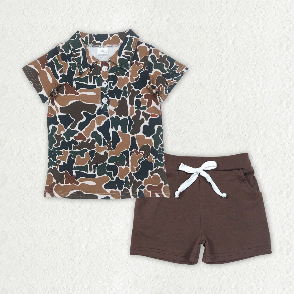 BSSO1493 Brown Green Camo Polo Short Sleeve Brown Shorts Sets Boys Boutique Outfits 202504 RTS