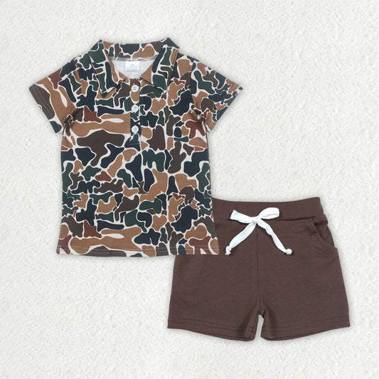 BSSO1493 Brown Green Camo Polo Short Sleeve Brown Shorts Sets Boys Boutique Outfits 202504 RTS