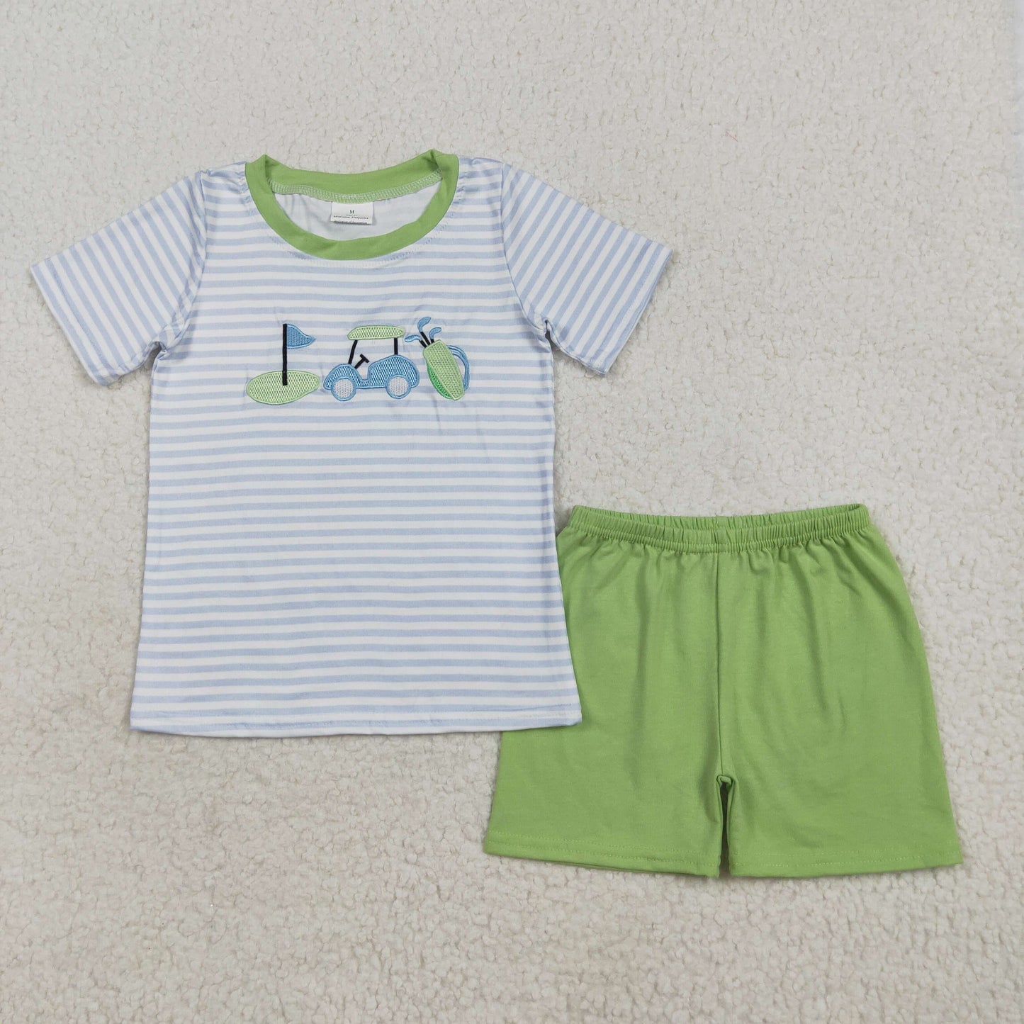 BSSO1504 Embroidered Golf Car Blue Green Stripe Short Sleeve Shorts Sets Boys Boutique Outfits 202507 RTS