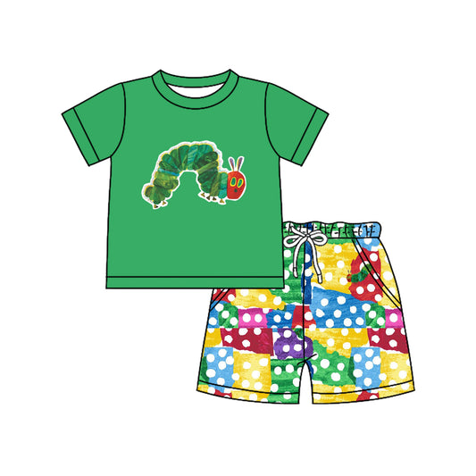 preorder BSSO1510  Caterpillar Green Short Sleeve Shorts Sets Boys Boutique Outfit 202504