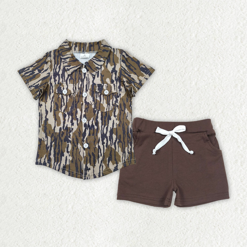 BSSO1514 Brown Leaf Camo Polo Short Sleeve Brown Shorts Sets Boys Boutique Outfits 202504 RTS