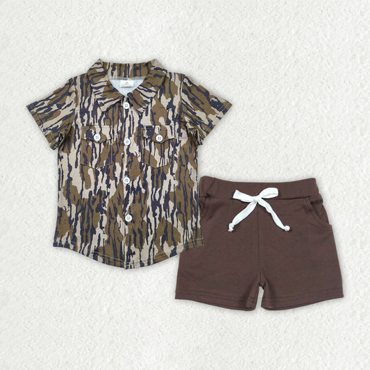 BSSO1514 Brown Leaf Camo Polo Short Sleeve Brown Shorts Sets Boys Boutique Outfits 202504 RTS