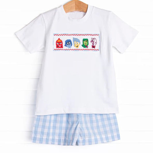 preorder BSSO1516 Cartoon White Short Sleeve Blue Plaid Shorts Sets Boys Boutique Outfits 202504