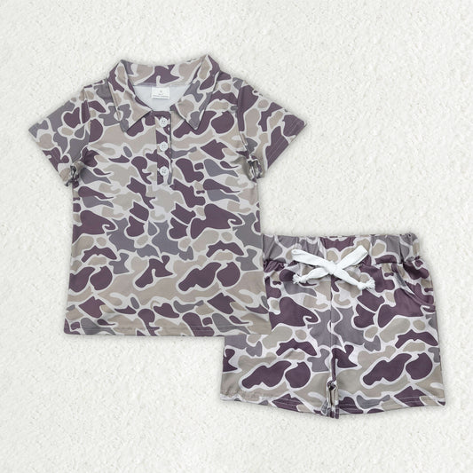 BSSO1521 Grey Brown Camo Polo Short Sleeve Shorts Sets Boys Boutique Outfits 202504 RTS