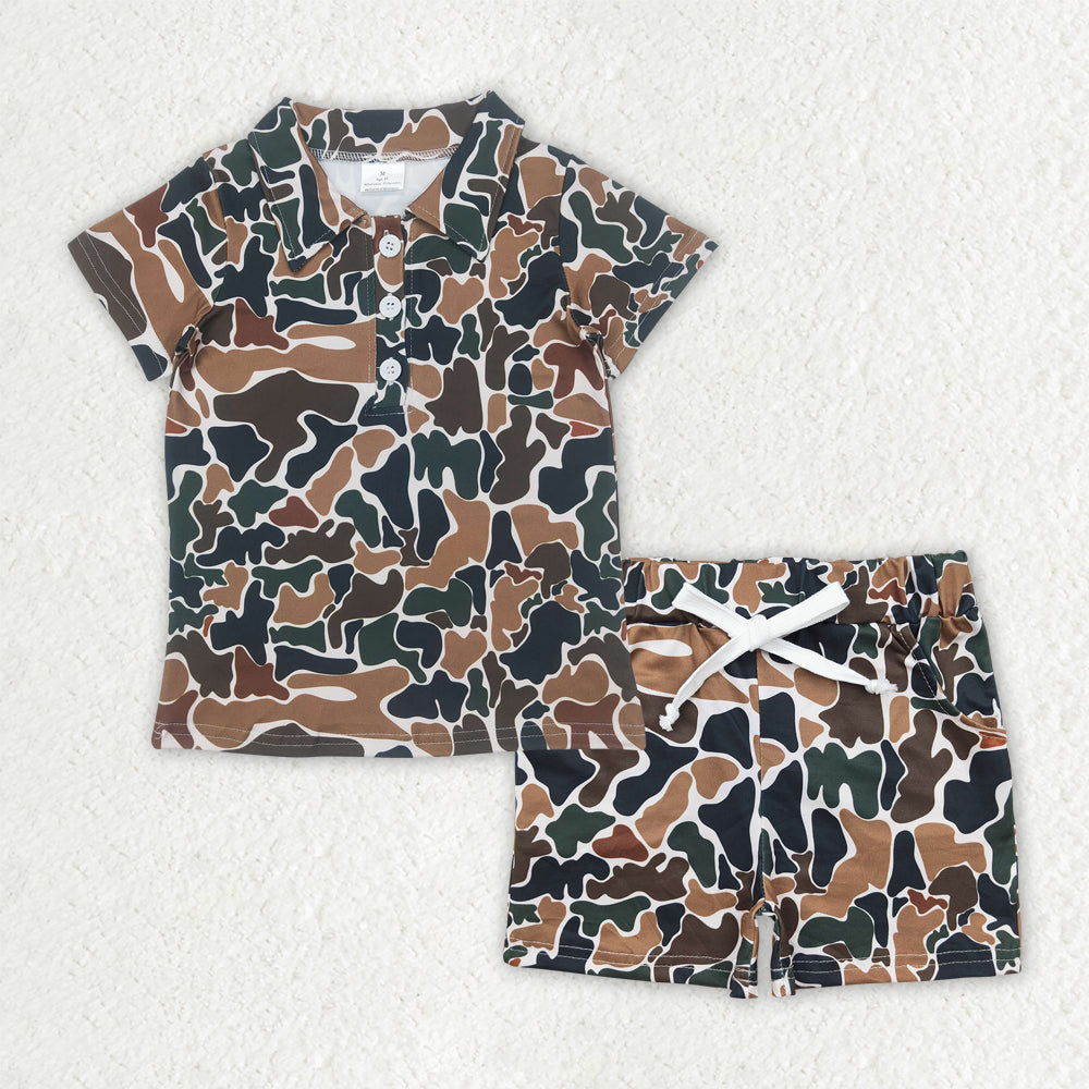 BSSO1522 Brown Green Camo Polo Short Sleeve Shorts Sets Boys Boutique Outfits 202504 RTS