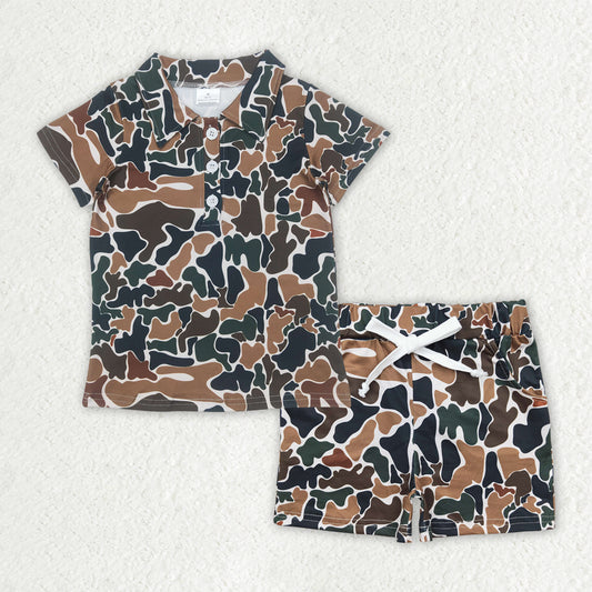 BSSO1522 Brown Green Camo Polo Short Sleeve Shorts Sets Boys Boutique Outfits 202504 RTS