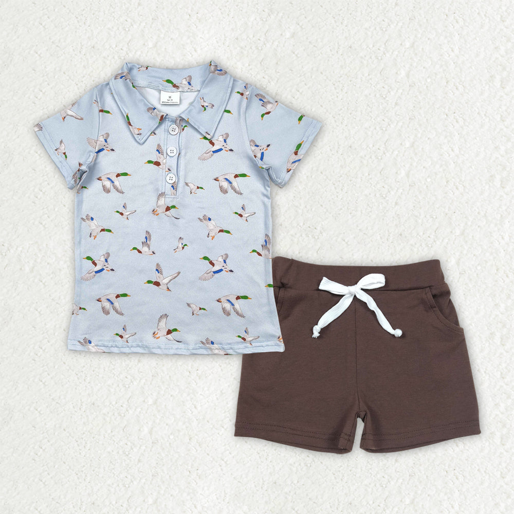 BSSO1524 Duck Hunting Clothes Grey Blue Polo Short Sleeve Brown Shorts Sets Boys Boutique Outfits 202504 RTS