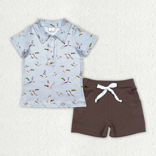 BSSO1524 Duck Hunting Clothes Grey Blue Polo Short Sleeve Brown Shorts Sets Boys Boutique Outfits 202504 RTS
