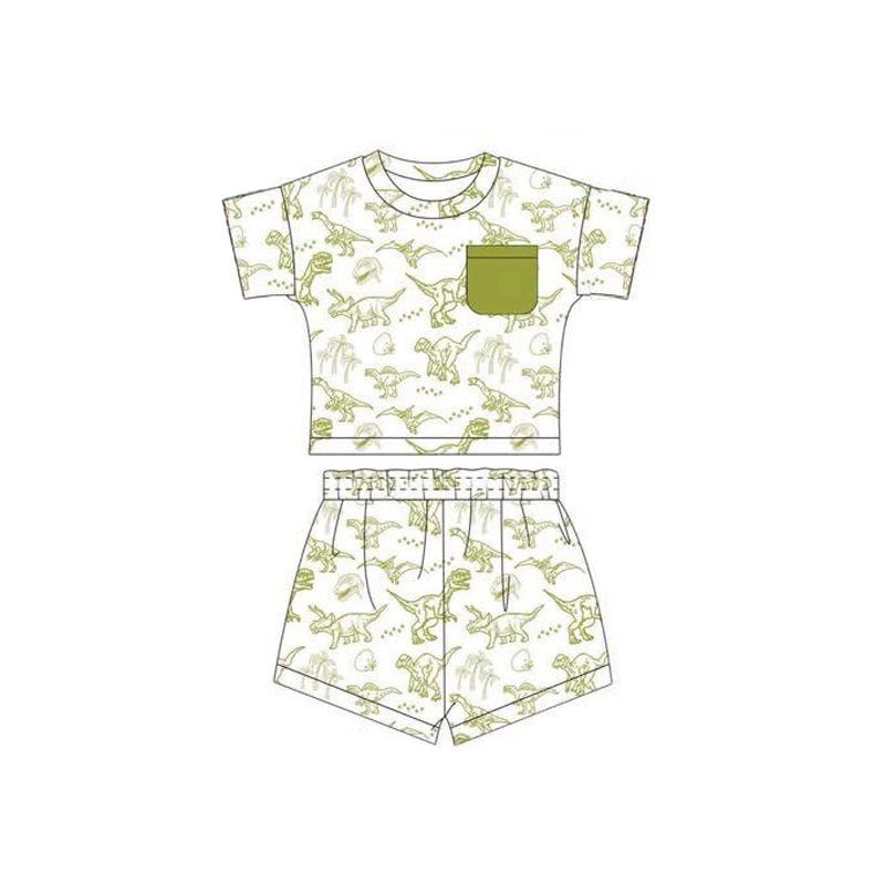 preorder BSSO1538 Green Pocket Dinosaur White Short Sleeve Shorts Set Boys Boutique Outfits 202505