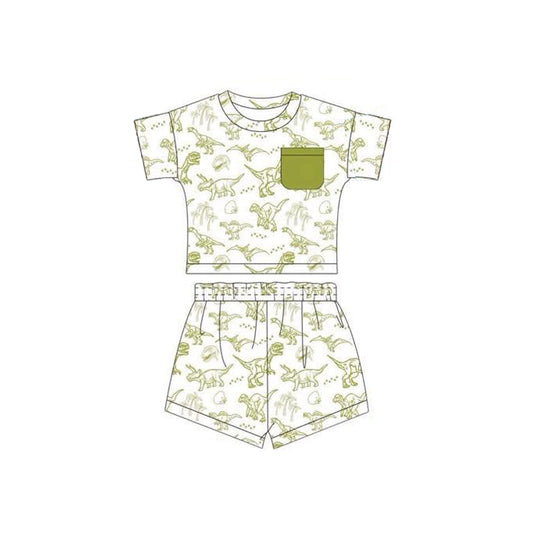 preorder BSSO1538 Green Pocket Dinosaur White Short Sleeve Shorts Set Boys Boutique Outfits 202505