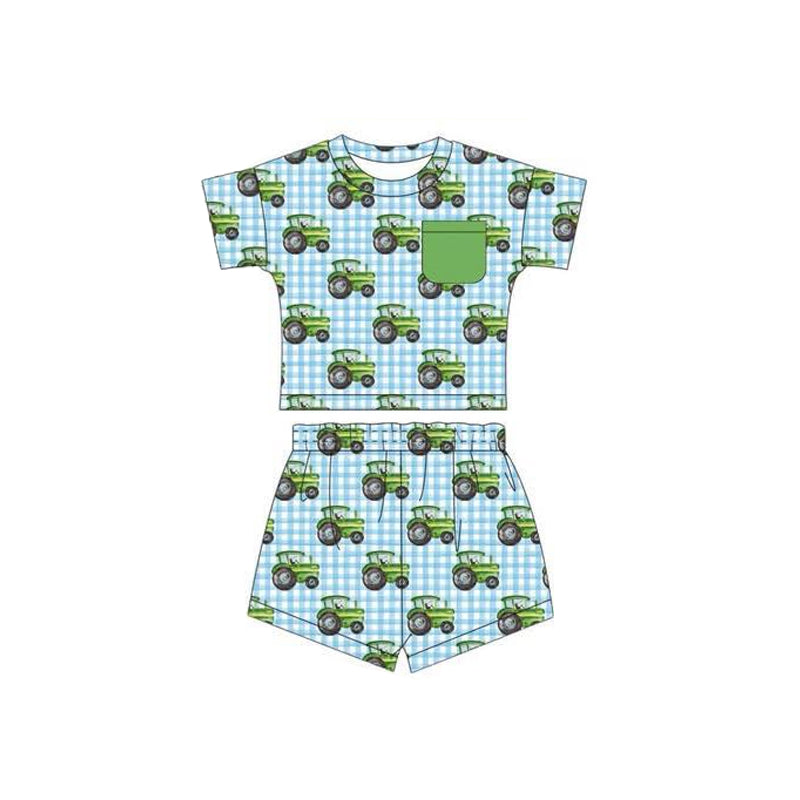 preorder BSSO1539 Green Pocket Tractor Blue Plaid Short Sleeve Shorts Set Boys Boutique Outfits 202505