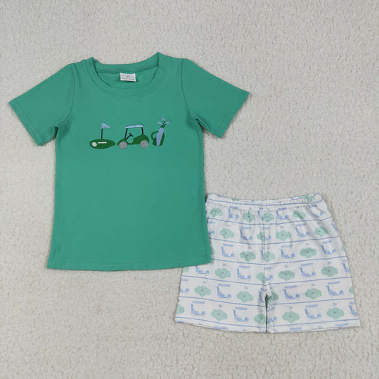 BSSO1540 Embroidered Golf Sightseeing Cart Green Short Sleeve Shorts Set Boys Boutique Outfits 202506 RTS
