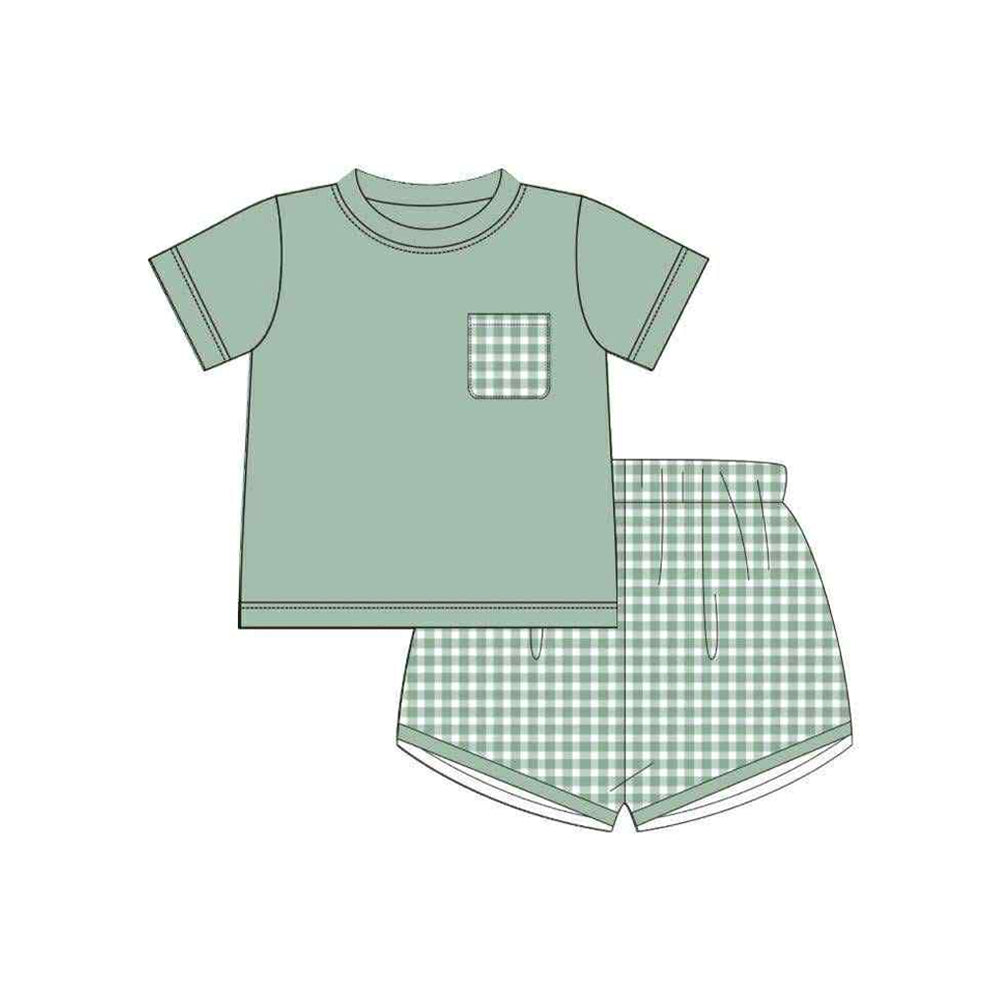 preorder BSSO1544 Pea Green Plaid Pocket Short Sleeve Shorts Set Boys Boutique Outfits 202506