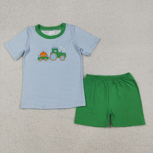 BSSO1549 Embroidered Thanksgiving Pumpkin Blue Stripe Short-Sleeved Green Shorts Boys Set 202509 RTS